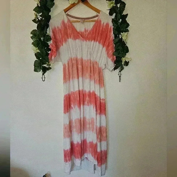 Knox Rose Boho Tie Dye Midi Dress XS Coral Pink Summer Peasant Tiered Maxi - Picture 3 of 11